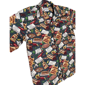Vintage David Carey Louisiana Cajun Creole Gumbo Print Men's Button Up Shirt L